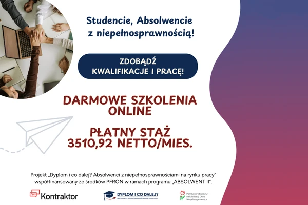 Banner informujący o stażu dla osób z niepełnosprawnościami. Grafika przedstawia połączone ręce nad notebookiem notebookiem na kolanach oraz informacje na temat stażu.