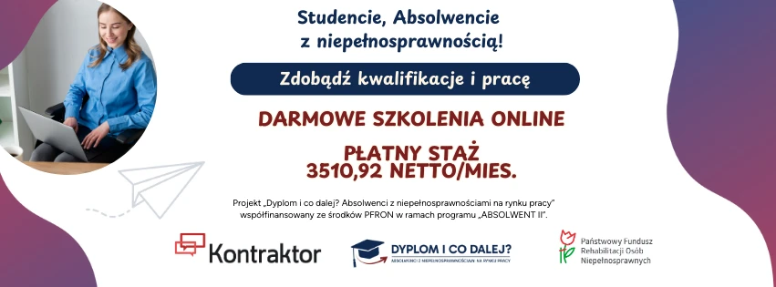 Banner informujący o stażu dla osób z niepełnosprawnościami. Grafika przedstawia kobietę z notebookiem na kolanach oraz informacje na temat stażu.
