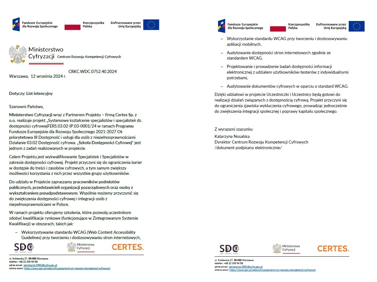 Pismo z Ministerstwa Cyfryzacji o Projekcie Szkoła Dostępności Cyfrowej.