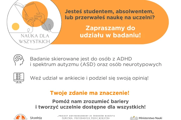 grafika ilustracyjna - prezentuje informacje dotyczące badani sytuacji studentów i absolwentów z ADHD i ASD na uczelniach wyższych.