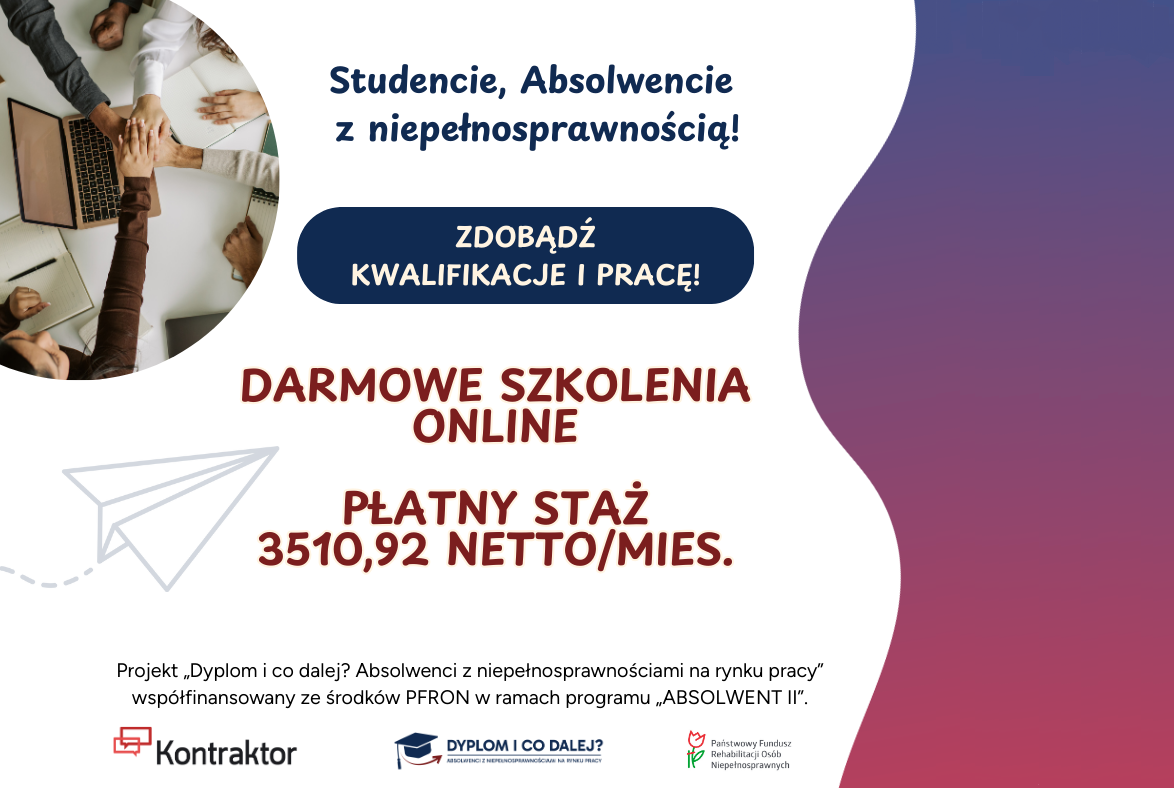 Banner informujący o stażu dla osób z niepełnosprawnościami. Grafika przedstawia połączone ręce nad notebookiem notebookiem na kolanach oraz informacje na temat stażu.